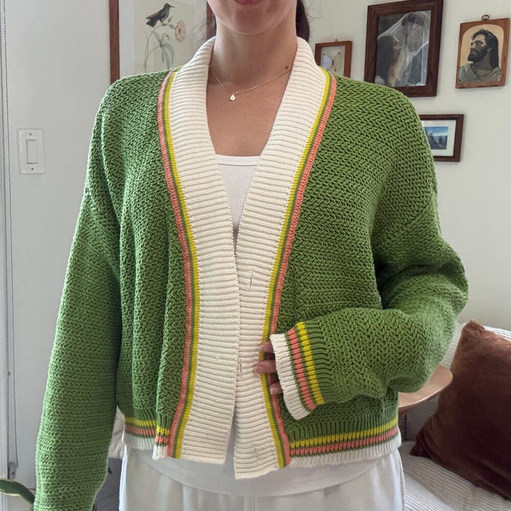 Spiritual Gangster Green White Contrast Trim V-Neck Cotton Cardigan Sweater Sz S